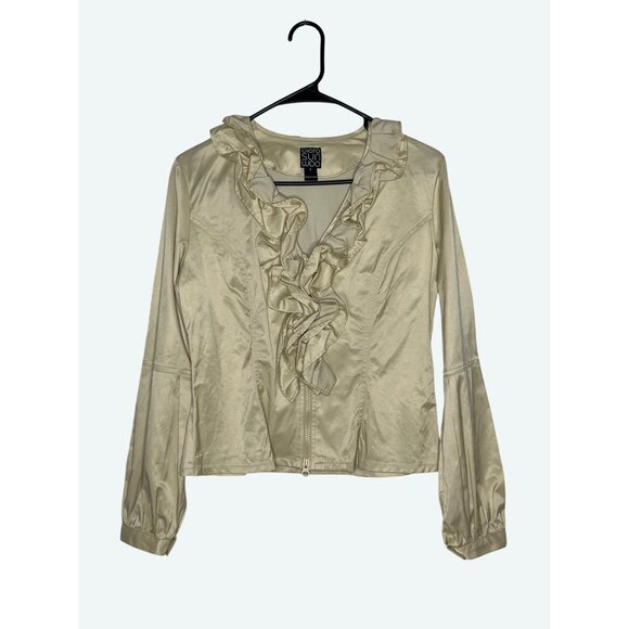 Clara Sun Woo Full Zip Ruffle Front‎ Gold Jacket Puff Sleeves Cotton Blend Small - Picture 1 of 7